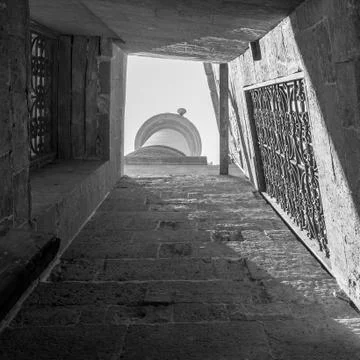 From below rectangular old narrow skylight with decorated windows Stock Photos