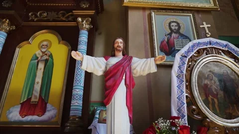 Below shot of a statue of a Christ in a catholic church, ancient monument indoor Stock Footage 221017197