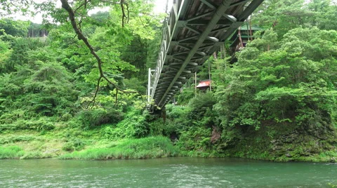 Below Small Bridge Over The Tama River In Forest Stock Footage 50591655