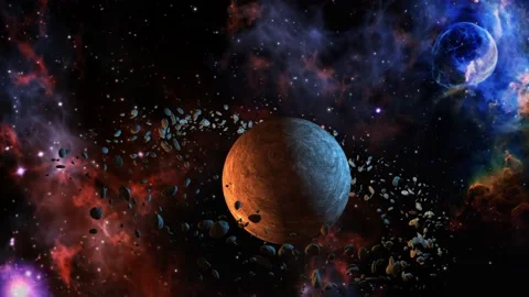 Belt of asteroids orbiting around an alien planet floating in space 4K 스톡 동영상 152018806