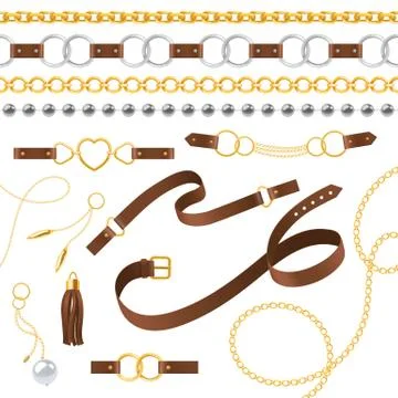 Belt elements. Braid, pendants chain and bracelet, leather straps and metallic Stock Illustration