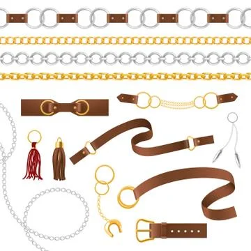 Belt elements. Metal chains, pendant and braid, leather belts with buckle, strap Stock Illustration