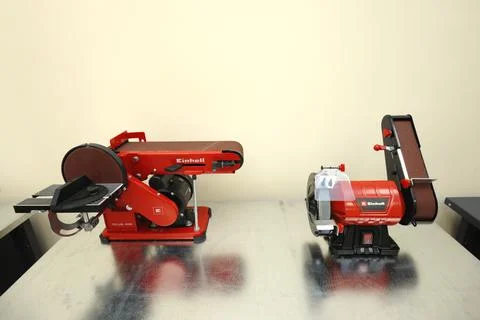 Belt sanders Einhell placed on a worktable Stock Photos