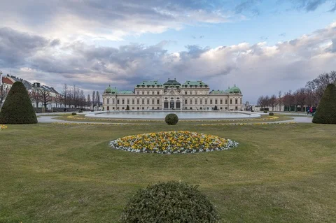 Belvedere park garden Vienna time lapse 8k+ stormy clouds moving Stock Footage