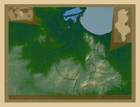Ben Arous, Tunisia. Colored elevation map with lakes and rivers Stock Illustration