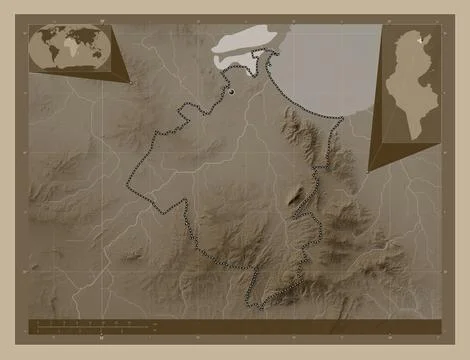 Ben Arous, Tunisia. Elevation map colored in sepia tones with lakes and river Stock Illustration