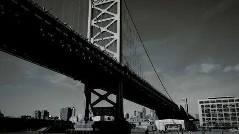 Ben Franklin Bridge, pass under in black and white Stock Footage 74230183