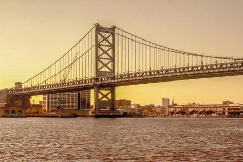 Of the Ben Franklin Bridge which connects from Philadelphia to New Jersey Stock Photos