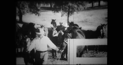 Ben Jones and other trainers walking with thoroughbred for bridle training Stock Footage
