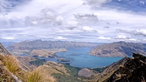 The Ben Lomond Summit View with spectacular panorama over Queenstown, Lake .. Stock Footage 295012463