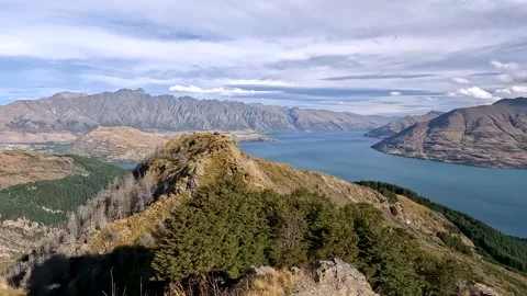 The Ben Lomond Summit View with spectacular panorama over Queenstown, Lake .. Stock Footage 295012473