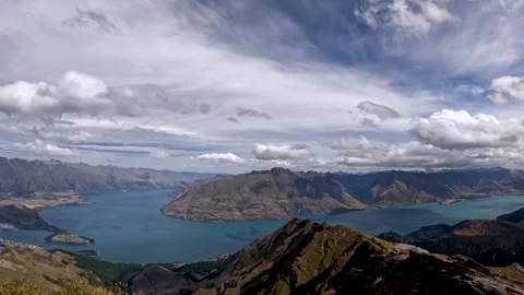 The Ben Lomond Summit View with spectacular panorama over Queenstown, Lake .. Stock Footage 295012513