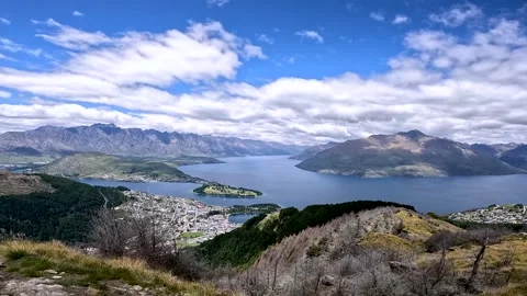 The Ben Lomond Summit View with spectacular panorama over Queenstown, Lake .. Stock Footage 295012723