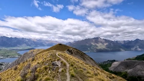 The Ben Lomond Summit View with spectacular panorama over Queenstown, Lake .. Stock Footage 295012760