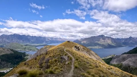 The Ben Lomond Summit View with spectacular panorama over Queenstown, Lake .. Stock Footage 295012765