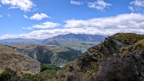 The Ben Lomond Summit View with spectacular panorama over Queenstown, Lake .. Stock Footage 295012767