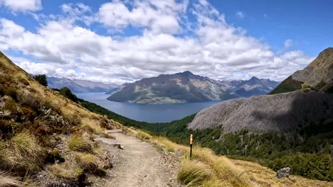 The Ben Lomond Summit View with spectacular panorama over Queenstown, Lake .. Stock Footage 295012931