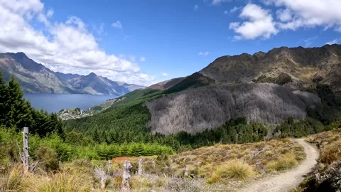 The Ben Lomond Summit View with spectacular panorama over Queenstown, Lake .. Stock Footage 295012942