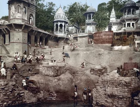 Benares, Varanasi. Burning Ghat, India, digitally restored reproduction from a Stock Illustration