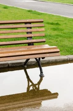 A bench and reflection in the park after the rain Stock Photos