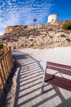 Bench and Shadow Lines at La Malladeta Viewpoint Stock Photos
