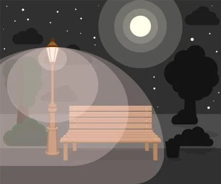 Bench and streetlight in the park. Vector illustration. Stock Illustration
