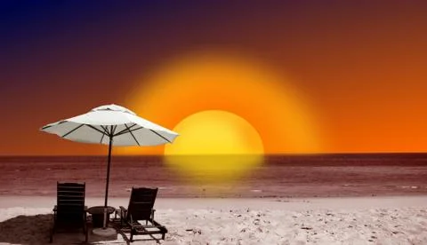 Bench and sunset at the beach Stock Illustration