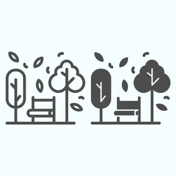 Bench and trees line and solid icon. Wide chair in front of plants and leafs in Stock Illustration