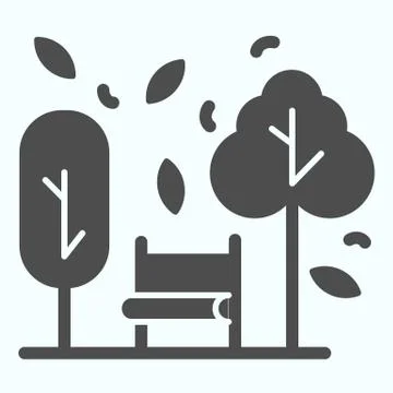 Bench and trees solid icon. Wide chair in front of plants and leafs in park Stock Illustration