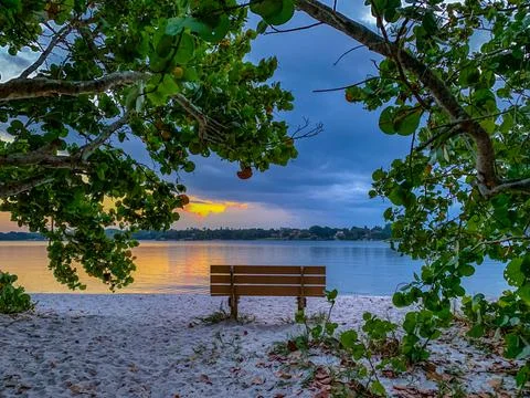 Bench on the beach at sunset Stock Photos