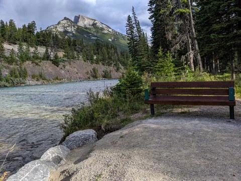 A bench beside the Bow River with trees and Mount Rundle in the background Stock Photos