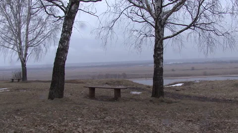 Bench between 2 trees on the high Bank of the Oka river Stock Footage 48663191