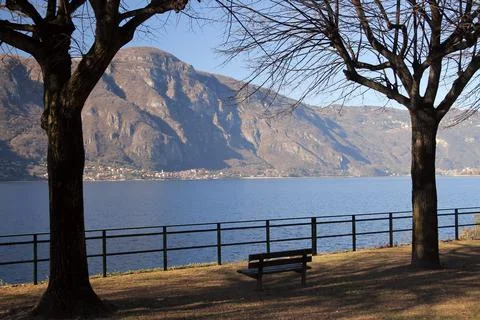 A bench between the trees looking towards the lake and the Alps on the Lake o Stock Photos