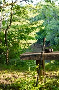 Bench with camera gear Stock Photos
