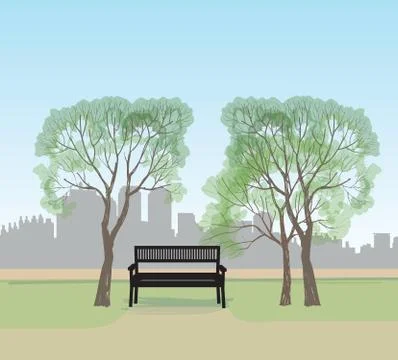 Bench in city park. Spring landscape. City tree skyline Ilustración de archivo