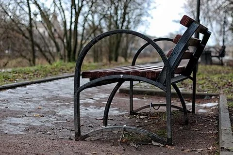 Bench in the city in spring Stock Photos