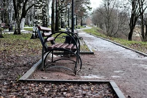 Bench in the city in spring Stock Photos