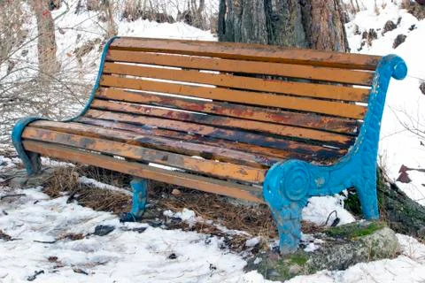Bench from the corner in front of a tree Stock Photos