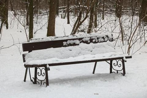 A bench covered with a layer of snow standing alone in a winter park near a path Stock Photos
