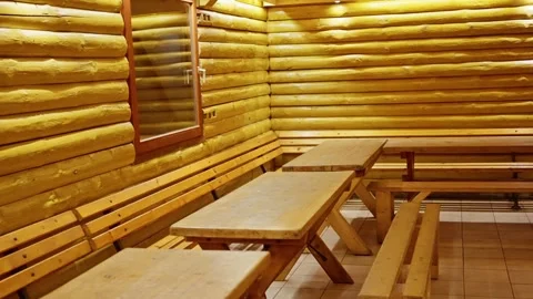 Bench Dining Area With Tables, Inside Warm Cabin Communal Room, Wooden Benches Stock-Footage 323311056