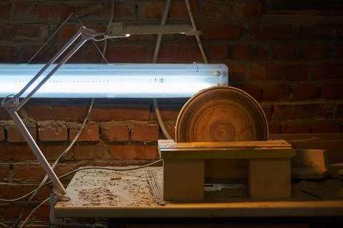 Bench disc sander with lamp in workshop Foto stock