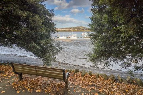 Bench facing River Conwy Stock Photos
