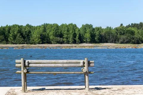 Bench facing the river with a forest in the background Stock Photos