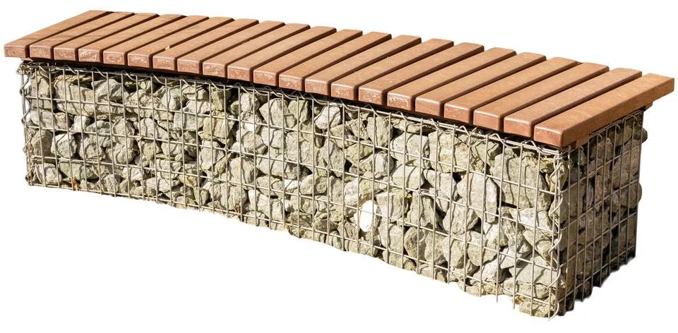 This bench features a stone base held together by wire, topped with wood slat Stock Photos