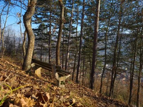 Bench in the field during the fall above the city Stock Photos