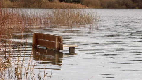 Bench in flooded ground after excessive rainfall Stock Footage 237433135