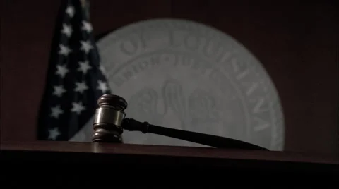 Bench Gavel Emblem US Flag in Louisiana Courtroom Close Up Zoom Out HD Video Stock Footage 60138242
