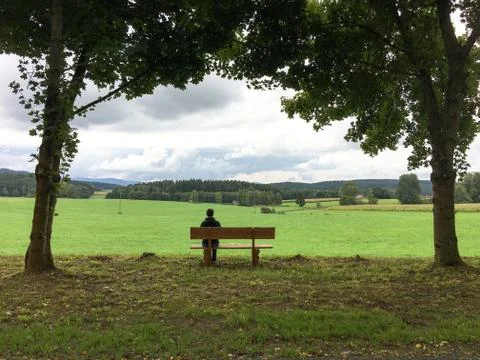 Bench on green grass with conceptual text-balloon thinking and day dreaming c Foto stock