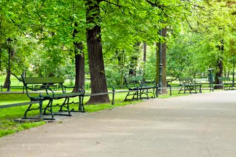 Bench in green park with path way in krakow Stock Photos