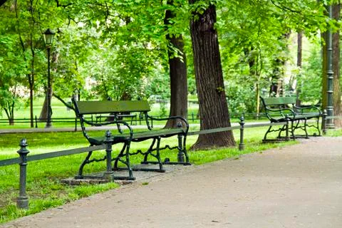 Bench in green park with path way in krakow Stock Photos